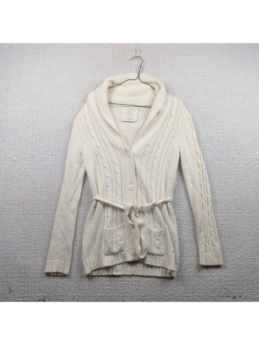 Y2K Aerie Cable Chunky Knit Button Up Belted Cardigan Cream Shawl Collar Cozy M*